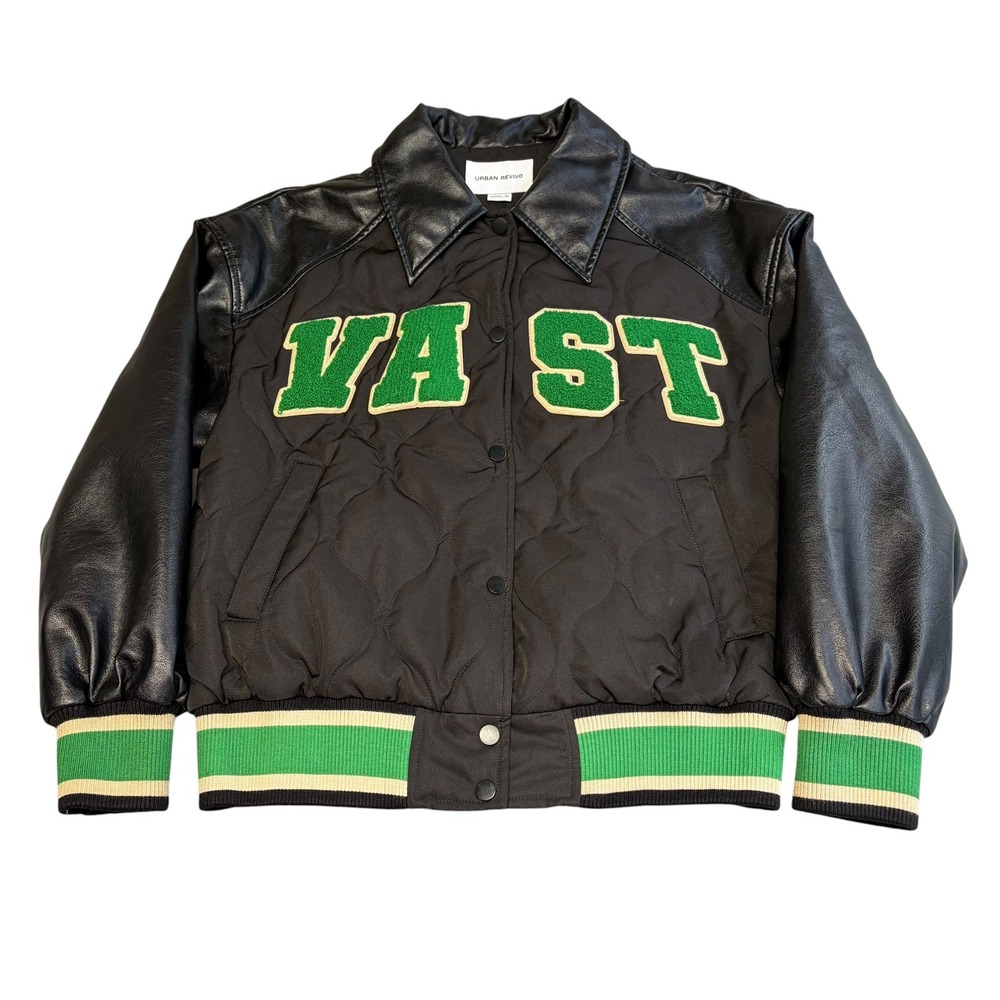 Urban Revivo Quilted Varsity Bomber Jacket Black Faux Leather Green Patch Unisex